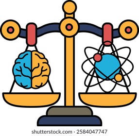 A scale with a brain on one side and a planet on the other. The scale is balanced, but the brain is smaller than the planet. This image represents the idea of knowledge and understanding