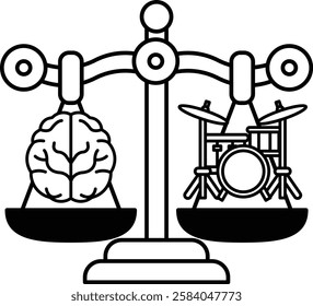 A scale with a brain on one side and a drum on the other. The scale is balanced, but the brain is heavier than the drum