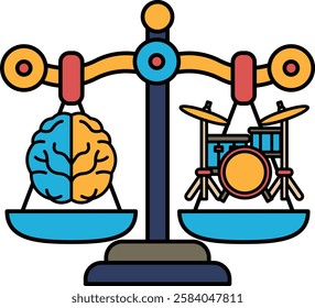 A scale with a brain on one side and a drum on the other. The scale is balanced, but the brain is on the left side and the drum is on the right side. This could represent the idea that creativity