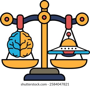 A scale with a brain on one side and an alien on the other. The scale is balanced, but the brain is smaller than the alien. Concept of intelligence and curiosity