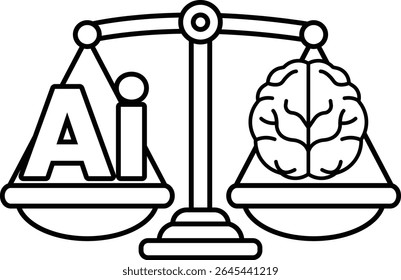 A scale with a brain on one side and the letters AI on the other. The scale is balanced, with the brain on the right and the letters on the left