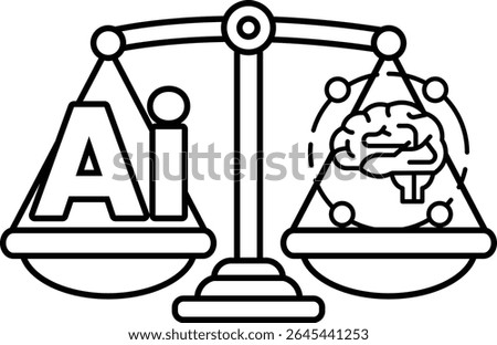 A scale with a brain on one side and the word AI on the other. The scale is balanced, but the brain is larger than the word AI. Concept of intelligence and the importance of AI in our lives