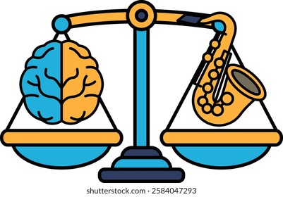 A scale with a brain and a saxophone on it. The brain is on the left side and the saxophone is on the right side