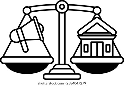 A scale with a building on the right and an amplifier on the left. The scale is balanced, but the amplifier is louder than the building