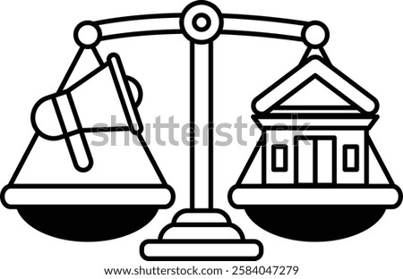 A scale with a building on the right and an amplifier on the left. The scale is balanced, but the amplifier is louder than the building