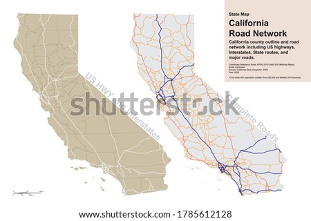 To Scale California Road Network with County Boundaries