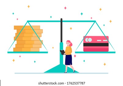 Scale with cash and credit card. Person, woman, comparison, weight flat vector illustration. Personal finance, banking, pros and cons concept for banner, website design or landing web page