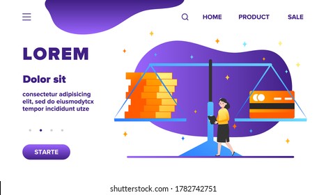 Scale with cash and credit card. Person, woman, comparison, weight flat vector illustration. Personal finance, banking, pros and cons concept for banner, website design or landing web page