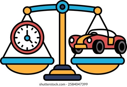 A scale with a clock and a car on it. The clock is showing the time as 10:00