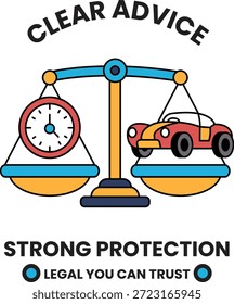 A scale with a clock and a car on it. The words "Clear Advice" are written above the scale