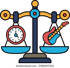 A scale with a clock and a guitar on it. The scale is balanced, but the clock is showing a time that is not equal to the time on the guitar. This could represent the idea that time is relative