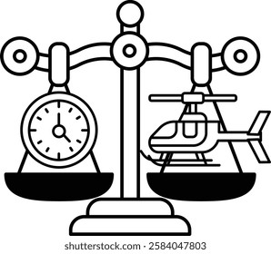 A scale with a clock and a helicopter on it. The clock is showing the time as 10:00