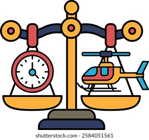 A scale with a clock and a helicopter on it. The scale is balanced, but the clock is showing a time that is not equal to the time on the helicopter