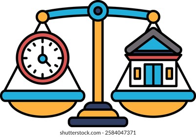 A scale with a clock and a house on it. The clock is on the left side of the scale and the house is on the right side