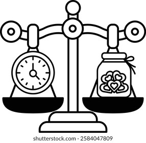 A scale with a clock and a jar on it. The clock is showing the time as 10:00