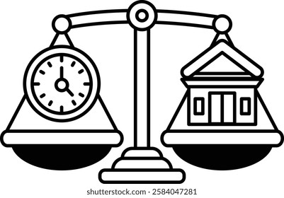 A scale with a clock on one side and a building on the other. The clock is set to the time of 10:00