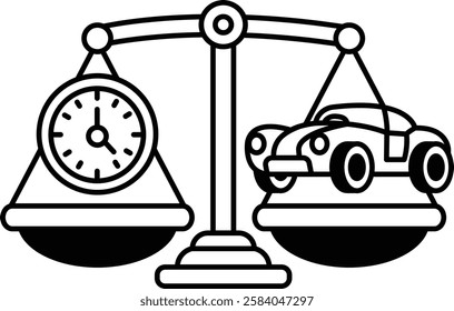 A scale with a clock on one side and a car on the other. The clock is showing the time as 11:00