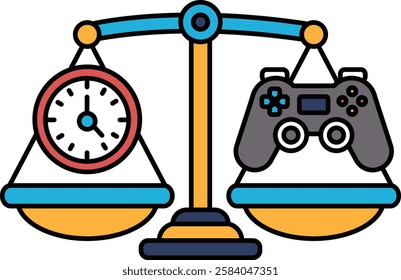 A scale with a clock on one side and a video game controller on the other. The scale is balanced, but the clock is showing a time that is much later than the time on the controller