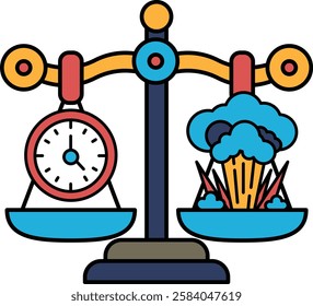 A scale with a clock on one side and a cloud on the other. The clock is showing the time