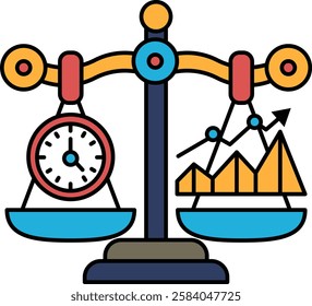 A scale with a clock on one side and a graph on the other. The clock is set to the time of 10:00