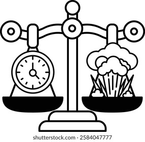 A scale with a clock on one side and a cloud on the other. The clock is showing the time as 10:00