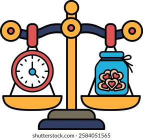 A scale with a clock on one side and a jar of cookies on the other. The scale is balanced, but the jar of cookies is heavier than the clock. This could represent the idea that time is precious