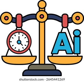 A scale with a clock on one side and the word AI on the other. The scale is balanced, but the clock is showing a time that is not equal to the weight of the word AI