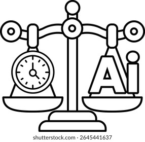 A scale with a clock on one side and the word AI on the other. The scale is balanced, but the clock is showing a time that is not equal to the weight of the word AI