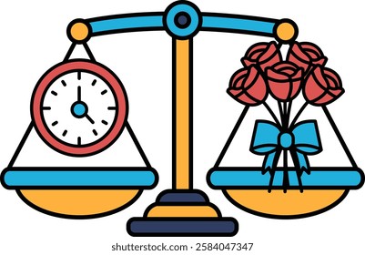 A scale with a clock and roses on it. The clock is set to the time of 10:00