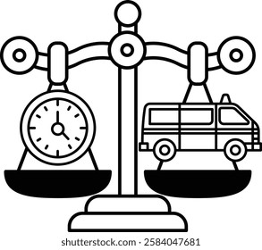 A scale with a clock and a van on it. The van is on the right side of the scale and the clock is on the left side