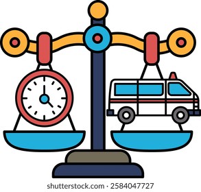 A scale with a clock and a van on it. The van is on the right side of the scale and the clock is on the left side