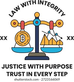 A scale with a coin on one side and a graph on the other. The scale is balanced with the coin on the left and the graph on the right. The image is titled "Law with Integrity"