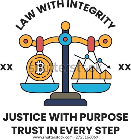A scale with a coin on one side and a graph on the other. The scale is balanced with the coin on the left and the graph on the right. The image is titled "Law with Integrity"
