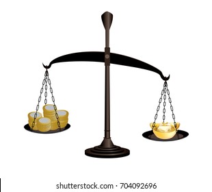 Scale with coins and ingots on white background