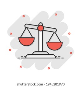 Scale comparison icon in comic style. Balance weight vector cartoon illustration pictogram. Scale compare business concept splash effect.