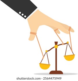 Scale with controlled by a hand. Mutual benefit and success. Legal counselor. Flat vector illustration

