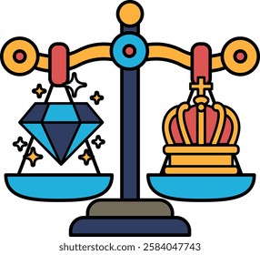 A scale with a diamond on one side and a crown on the other. The diamond is shining and the crown is golden