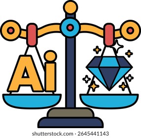 Una escala con un diamante en un lado y las letras AI en el otro. El diamante está brillando y la escala está equilibrada