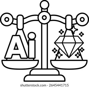 Una escala con un diamante en un lado y las letras AI en el otro. El diamante está brillando y la escala está equilibrada
