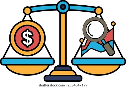 A scale with a dollar sign on one side and a magnifying glass on the other. The dollar sign represents money, while the magnifying glass represents the idea of looking closely at something