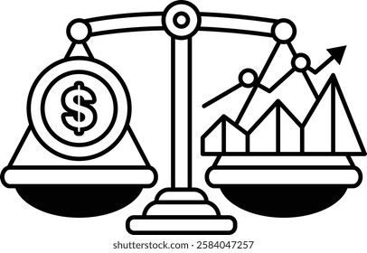 A scale with a dollar sign on one side and a graph on the other. The graph shows a line going up, while the dollar sign is on the left side of the scale