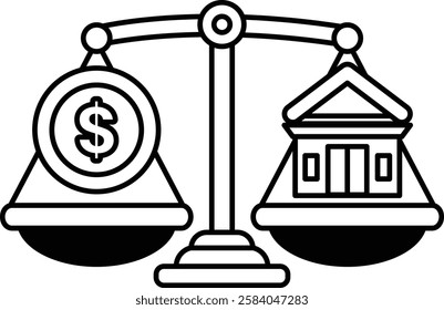 A scale with a dollar sign on one side and a building on the other. The scale is balanced, but the dollar sign is smaller than the building