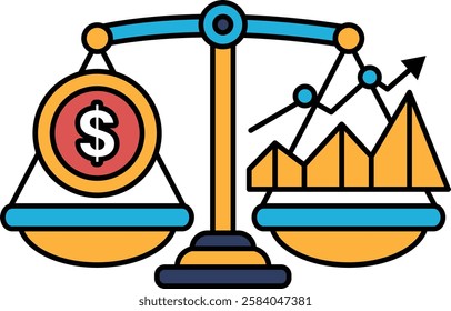 A scale with a dollar sign on one side and a graph on the other. The scale is balanced, but the graph is tilted, suggesting that the value of the dollar is decreasing