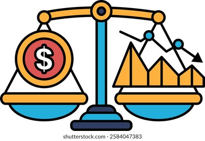 A scale with a dollar sign on one side and a graph on the other. The dollar sign represents money, while the graph represents a decline in value. Concept of financial instability