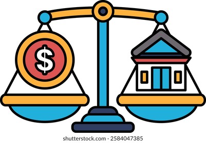 A scale with a dollar sign on one side and a house on the other.
