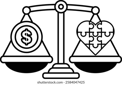 A scale with a dollar sign on one side and a puzzle piece on the other. The scale is balanced, but the puzzle piece is broken. The image suggests that money and happiness are not always equal