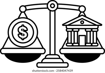 A scale with a dollar sign on one side and a building on the other. The scale is balanced, but the dollar sign is smaller than the building