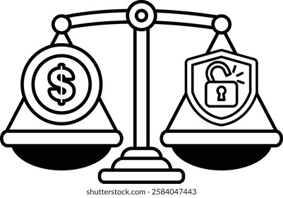 A scale with a dollar sign on one side and a lock on the other. The dollar sign represents money, while the lock represents security