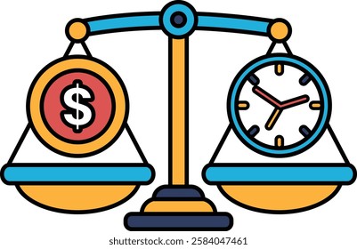 A scale with a dollar sign on one side and a clock on the other. The dollar sign represents money