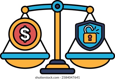 A scale with a dollar sign on one side and a lock on the other. The dollar sign represents money, while the lock represents security. The scale is balanced, indicating that both money